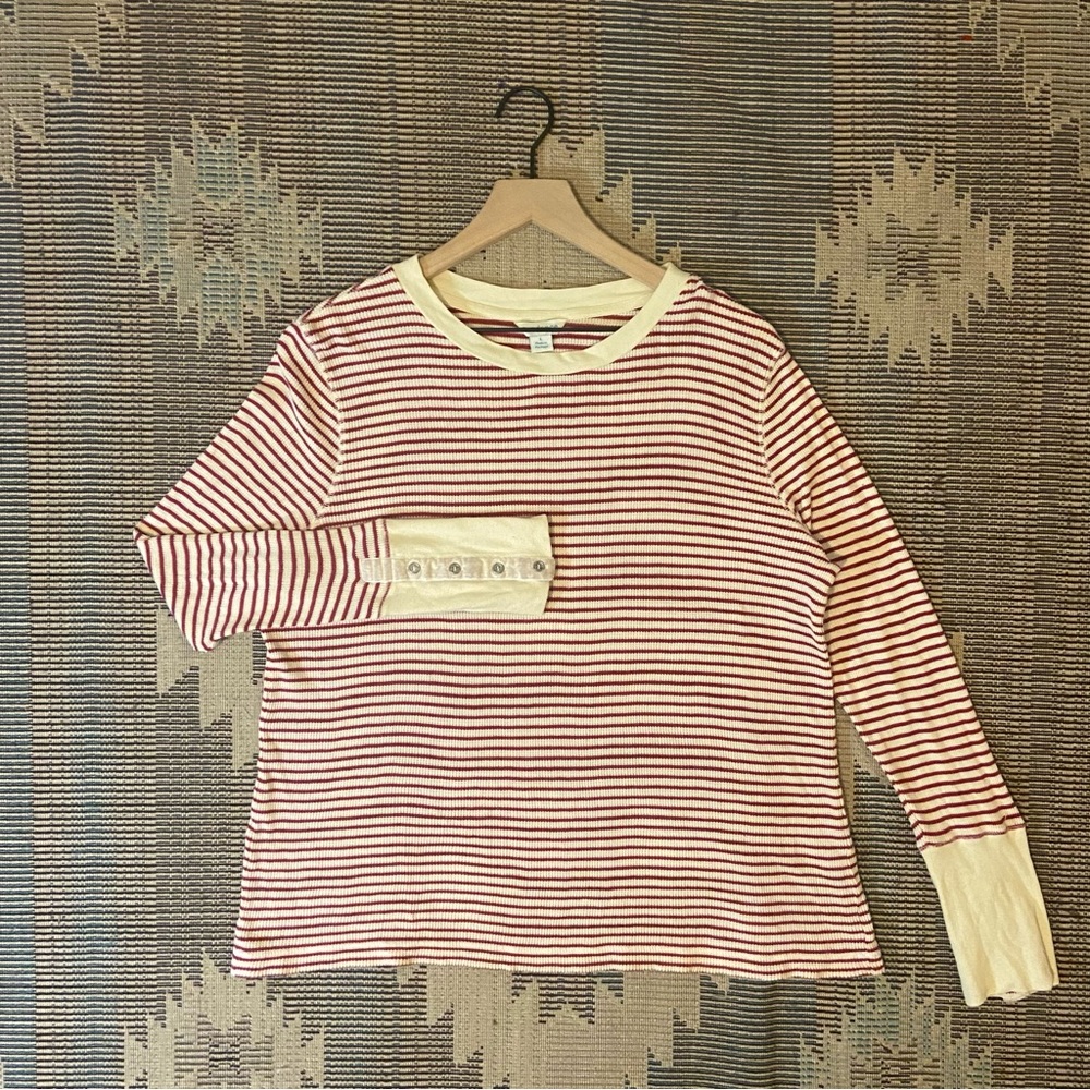 Sundance Striped Joyful Christmas Cotton Crewneck Long Sleeve Knit Thermal Top
